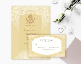 Indian Wedding Invitation, Ganesha Invite - Beige / Cream, Printable Invitation, Instant Download, Editable Template [Invite-014]