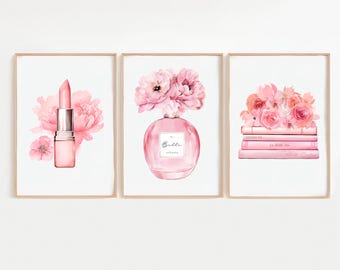 ピンクのファッションプリント3点セット、香水、口紅、靴のウォールアート、シックなイラストバンドル、ドレッシングルームの化粧台の装飾