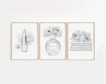 White Set of 3 Fashion Print Set, Perfume, Lipstick & Shoes Wall Art, Chic Illustration Bundle, Dressing Room Vanity Decor