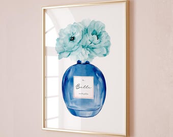 Blue Perfume Fashion Print, Blue Perfume Wall Art, Perfume Wall Art, Chic Illustration, Dressing Room Vanity Decor, Blue Aqua Wall Art