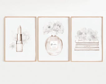 Beige Set of 3 Fashion Print Set, Perfume, Lipstick & Shoes Wall Art, Chic Illustration Bundle, Dressing Room Vanity Decor, Neutral Wall Art