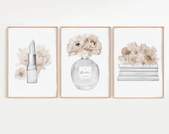 Biege and White Set of 3 Fashion Print Set, Perfume, Lipstick & Shoes Wall Art, Chic Illustration Bundle, Dressing Room Vanity Decor