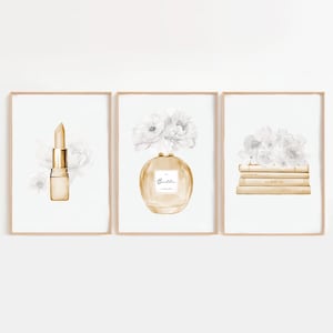 Gouden set van 3 modeprintset, gouden parfum, lippenstift en glittermuurkunst, chique illustratiebundel, decor garderobe ijdelheid, gouden decor
