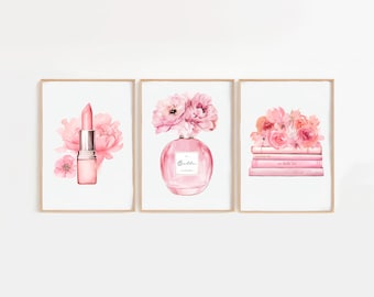 Pink Set of 3 Fashion Print Set, Perfume, Lipstick & Shoes Wall Art, Chic Illustration Bundle, Dressing Room Vanity Decor