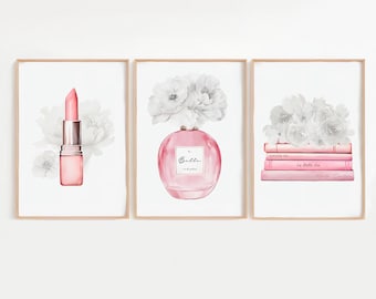 Pink Set of 3 Fashion Print Set, Perfume, Lipstick & Shoes Wall Art, Chic Illustration Bundle, Dressing Room Vanity Decor