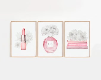 Pink Set of 3 Fashion Print Set, Perfume, Lipstick & Shoes Wall Art, Chic Illustration Bundle, Dressing Room Vanity Decor