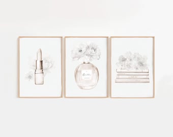 Beige Set of 3 Fashion Print Set, Perfume, Lipstick & Shoes Wall Art, Chic Illustration Bundle, Dressing Room Vanity Decor, Neutral Wall Art