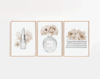 Biege and White Set of 3 Fashion Print Set, Perfume, Lipstick & Shoes Wall Art, Chic Illustration Bundle, Dressing Room Vanity Decor