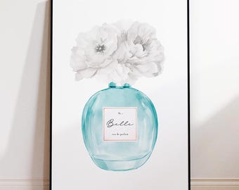 Aqua Perfume Fashion Print, Blue Perfume Wall Art, Perfume Wall Art, Chic Illustration, Dressing Room Vanity Decor, Blue Aqua Wall Art