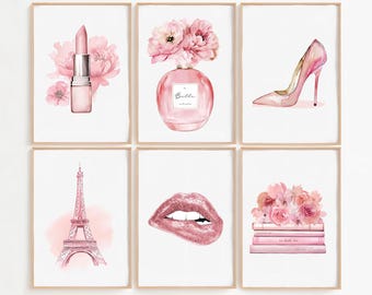 Pink Set of 6 Fashion Print Set, Perfume Bottle, Lipstick & Shoes Wall Art, Chic Illustration Bundle, Dressing Room Vanity Decor, Pink Art