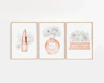 Peach Set of 3 Fashion Print Set, Perfume, Lipstick & Shoes Wall Art, Chic Illustration Bundle, Dressing Room Vanity Decor