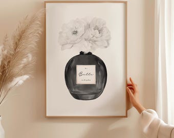 Impresión de moda de perfume en blanco y negro, arte mural de perfume negro, arte mural de perfume, paquete de ilustraciones elegantes, decoración de tocador de vestidor