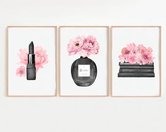 Pink and Black Set of 3 Fashion Print Set, Pink Perfume, Lipstick & Shoes Wall Art, Chic Illustration Bundle, Dressing Room Vanity Decor