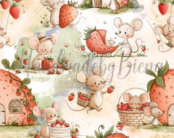 Fabric "Strawberry Mice 2" Exclusive fabric design Digital print Jersey / French Terry / Muslin High-quality fabric for clothing, baby items