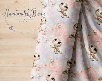 Turtle motif, love, exclusive fabric design, digital print, jersey/French terry/muslin, high-quality fabric for clothing and baby items