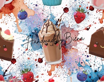 Own production fabric Kawaii Chibi Milkshakes Muffin Fruits for creative sewing projects, baby/children/motifs