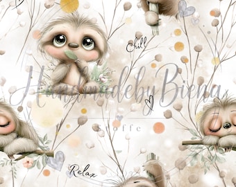 Unique sloth fabric, relaxed design, digital print, jersey/French terry/muslin. High-quality fabric for clothing and baby items.