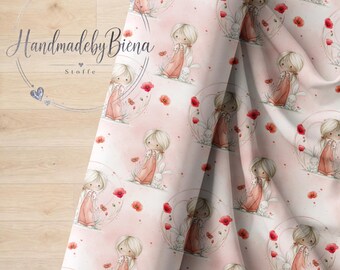 Unique, self-produced fabric featuring a girl with a rabbit, perfect for creative sewing projects, baby/children/motifs