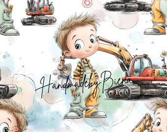 Own production fabric boy with excavator for creative sewing projects, baby/children/motifs