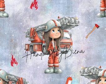 Own production fabric firefighter girl for creative sewing projects, baby/children/motifs