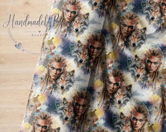 Own production fabric Viking Women with Wolf Fantasy for creative sewing projects, baby/children/motifs