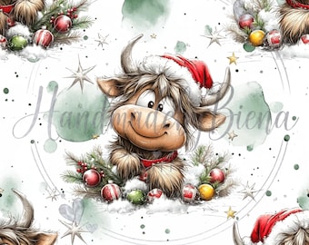 EP Fabric Highland Cow Christmas Fabric Design #2 Digital Print Jersey / French Terry / Muslin High-quality fabric for clothing, baby items