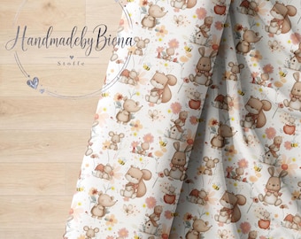 Woodland animal motif. Exclusive fabric design. Digital print. Jersey / French Terry / Muslin. High-quality fabric for clothing and baby items.