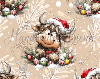 EP Fabric Highland Cow Christmas Fabric Design #3 Digital Print Jersey / French Terry / Muslin High-quality fabric for clothing, baby items