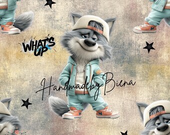 Own production fabric Wolf Whats Up for creative sewing projects, baby/children/motifs