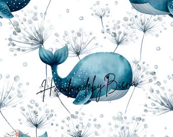 Own production fabric whale with dandelion for creative sewing projects, baby/children/motifs