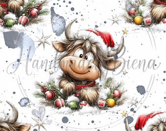 EP Fabric Highland Cow Christmas Fabric Design #1 Digital Print Jersey / French Terry / Muslin High-quality fabric for clothing, baby items