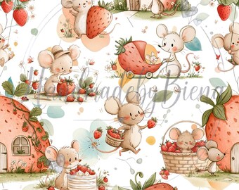 Fabric "Strawberry Mice 1" Exclusive fabric design Digital print Jersey / French Terry / Muslin High-quality fabric for clothing, baby items