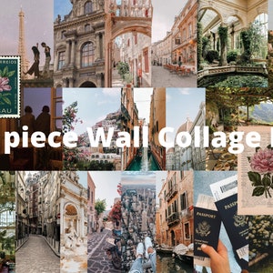 May include: A collage kit featuring 50 images of European architecture, cityscapes, and travel-themed imagery. The images are in a variety of colors and styles, including vintage postcards, travel stamps, and modern photographs. The collage kit is perfect for adding a touch of European charm to any room.