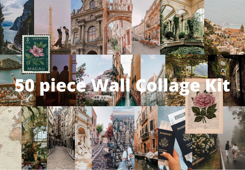 May include: A collage kit featuring 50 images of European architecture, cityscapes, and travel-themed imagery. The images are in a variety of colors and styles, including vintage postcards, travel stamps, and modern photographs. The collage kit is perfect for adding a touch of European charm to any room.