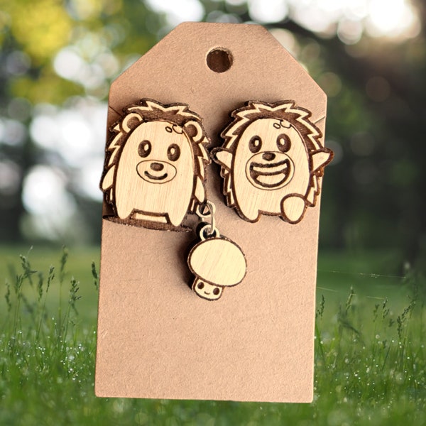 Cute Hedgehog Mushroom Wooden Earrings