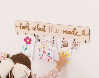 Customized Kids Artwork Display, Look What I Made 3D Sign With Handmade Pegs, Playroom Wall Decor, Toddler Room, Engraved Baby Gifts