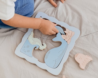 Unique Wooden Educational Puzzle for Toddler With Ocean Animals, Kids Brain Teaser, Baby Toys 1 Year, Baby Boy Grandson Gift