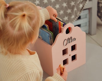 Almacenamiento de libros de madera portátil para guardería infantil, caja de juguetes personalizada, organizador de libros, estantería única para niños, decoración rosa para Navidad