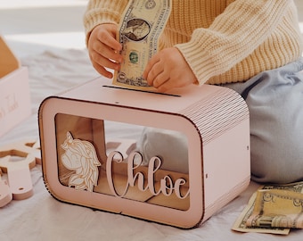 Custom Piggy Bank For Kids As Baby Shower Gift Idea - Wooden Cash Box, Money Box, Pink Coin Bank Gifts For Kids 2023, Unique Baby Girl Gift