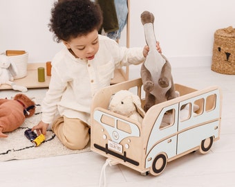 Coffre à jouets de voiture personnalisé avec roues, organisateur de jouets en bois, décoration de salle de jeux pour garçons, rangement Montessori pour chambre de bébé, cadeau d'anniversaire pour bébé garçon