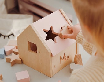 Wooden Shape Sorter With Name Developmental Toy For Toddler Sorting Toy With Geometric Shapes Cute Gift For New Mom Baby Shower Present Idea