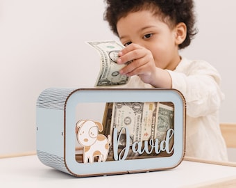 Cofrinho personalizado, caixa de dinheiro de madeira para crianças com nome, presente para sobrinho bebê. Presentes de aniversário para crianças, decoração de berçário para meninos, presentes para crianças pequenas