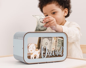 Personalized Piggy Bank, Wooden Kids Money Box with Name, Baby Nephew Gift. Birthday Gifts for Kids, Boy Nursery Decor, Toddler Gifts