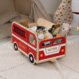 Fire Truck Toy Storage Personalized Unique Gift For Grandson Baby Furniture For Nursery Organization Toy Box on Wheels Toddler Present