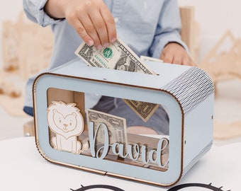 Nombre Hucha para niños Regalo de bautismo personalizado - Caja de efectivo de madera, Caja de dinero, Regalos de bautizo, Regalo único para bebés, Fondo universitario