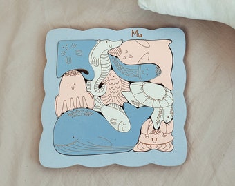 Personalized Wooden Puzzle With Name For Toddler, Ocean Animal-Shaped Brain Teaser, Unique Christmas Gift Idea For Baby,Pastel Birthday