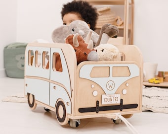 Rangement de jouets, cadeau d'anniversaire personnalisé pour garçon, boîte à jouets avec roues, meubles Montessori, cadeaux pour tout-petits, décoration en bois pour chambre de bébé