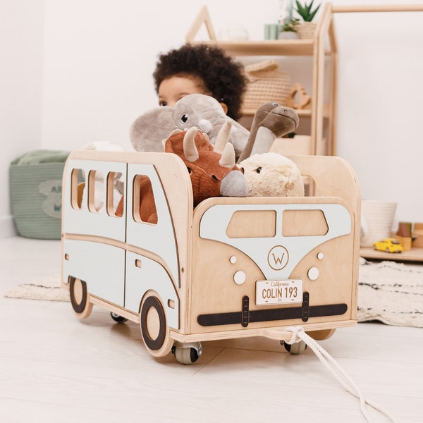 Rangement de jouets, cadeau d'anniversaire personnalisé pour garçon, boîte à jouets avec roues, meubles Montessori, cadeaux pour tout-petits, décoration en bois pour chambre de bébé