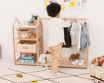 Kids Wardrobe With Toy Shelf, Wooden Shelves, Shelf For Clothes for Kids, Nursery Decor Boy, Custom Kids Hangers, Baby Shower Gifts