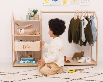 Montessori Furniture Set:Toy Shelf, Children Wardrobe, Personalized Wooden Hangers, Clothing Rack, Child Open Shelves, Baby Boy Room Decor